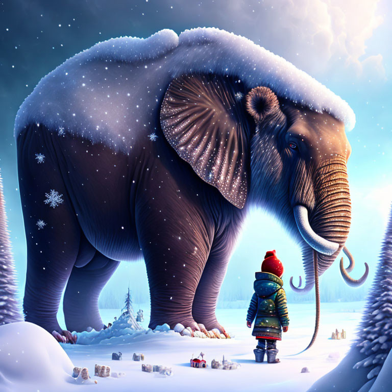 Child in winter clothing with snow-covered elephant in snowy landscape