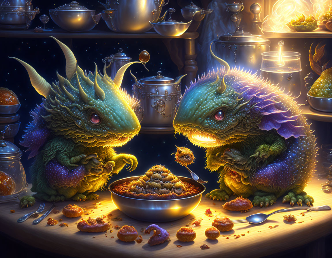 Colorful dragon-like creatures in cozy fantasy kitchen with cookies and tea