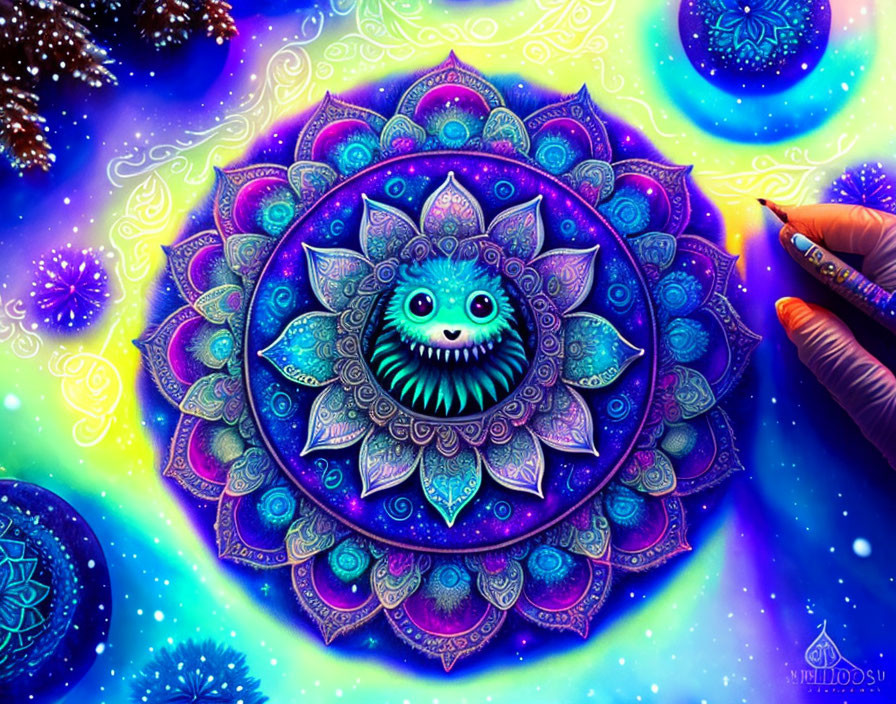 Vibrant digital artwork: Hand drawing mandala with cute creature in cosmic setting