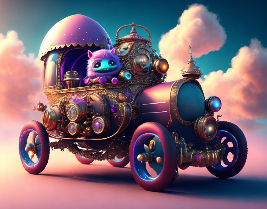 Colorful fantasy vehicle piloted by a furry purple creature