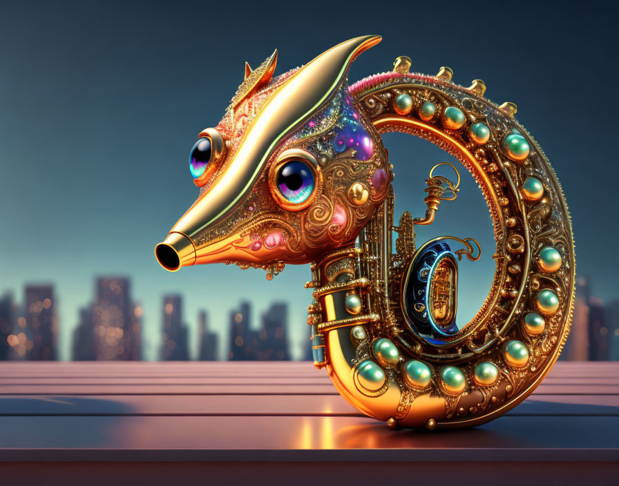 Colorful 3D mechanical seahorse in cityscape twilight