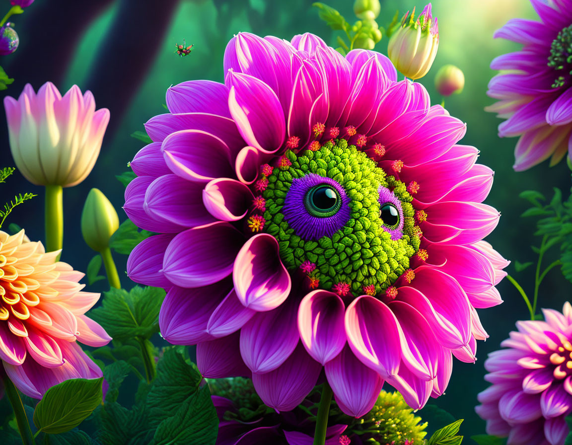 Colorful digital artwork: Purple flower with whimsical green creature face amidst lush foliage.