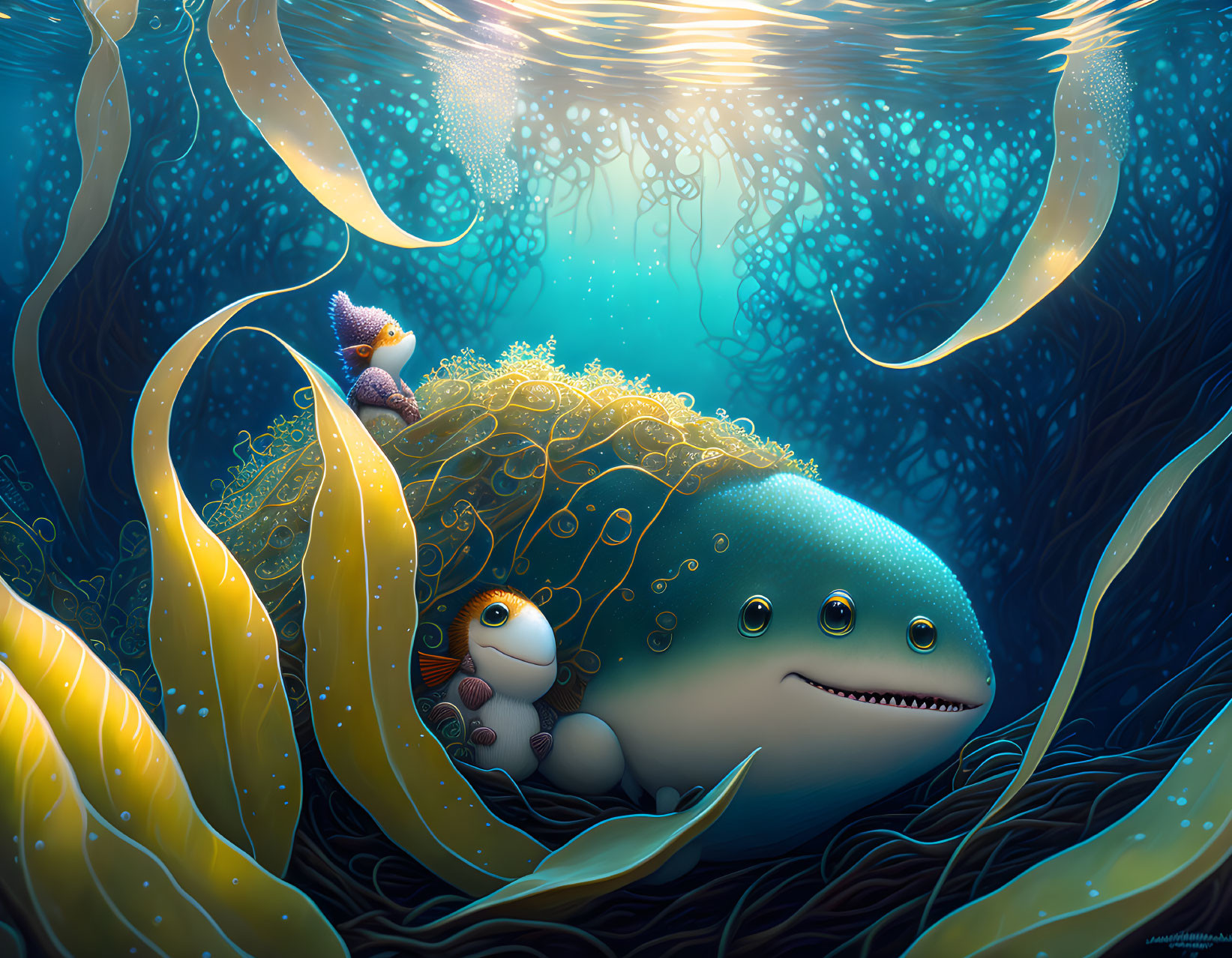 Colorful Underwater Scene with Smiling Whale and Friendly Fish