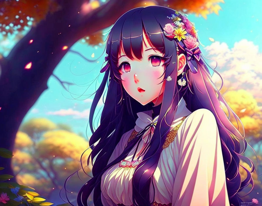 Long-haired anime girl with flowers under vibrant tree