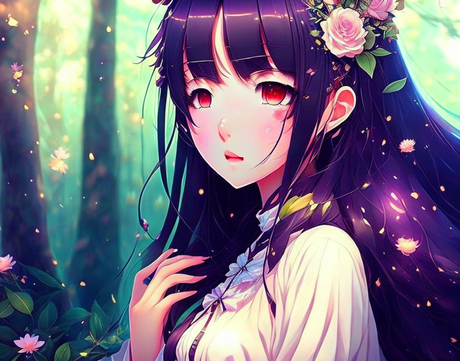 Long Black-Haired Anime Girl in Mystical Forest with Floral Wreath