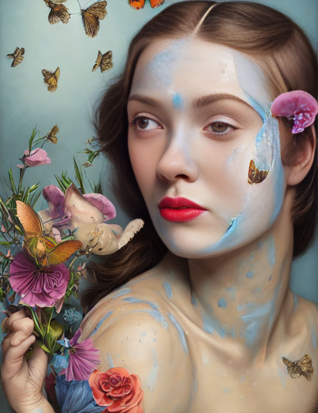 Woman with painted flowers and butterflies, tear, flowers, and butterflies surrounding her