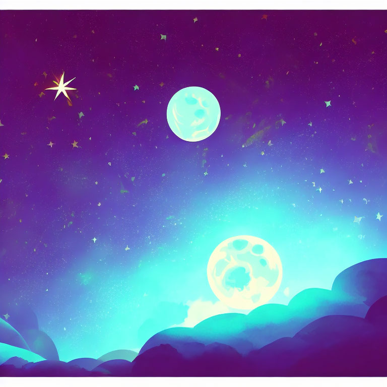 Colorful cosmic illustration: Two moons, bright star, nebulous sky, purple to turquoise transition.