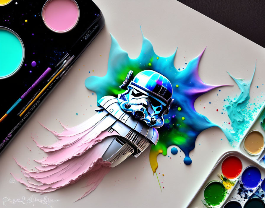 Colorful Stormtrooper Helmet Artwork with Paint Splashes