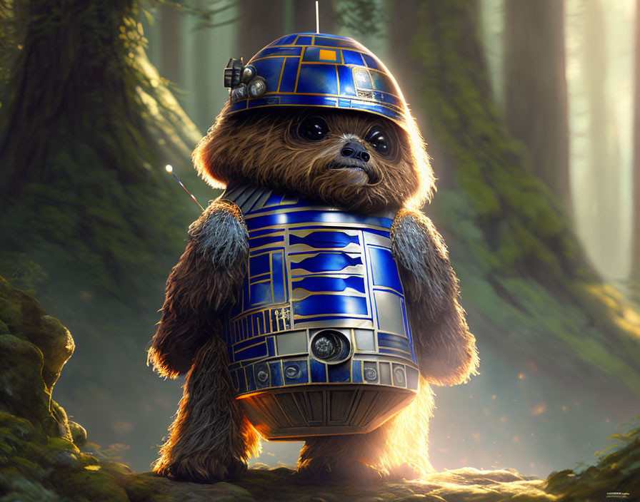 Illustration of Ewok-like creature with R2-D2 features in sunlit forest