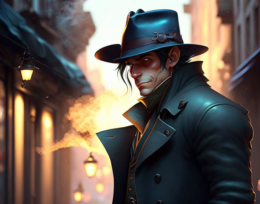 Man in trench coat and hat with pointed chin in alley with smoke plume