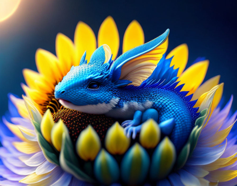 Blue Dragon Resting on Blooming Sunflower in Gradient Background