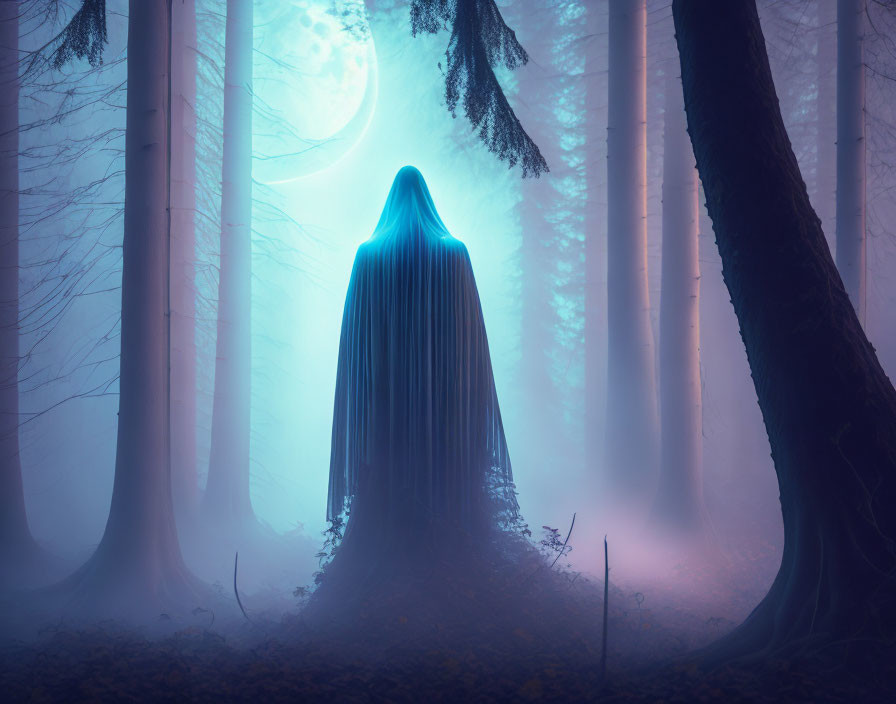 Mysterious figure in cloak in foggy mystical forest at night