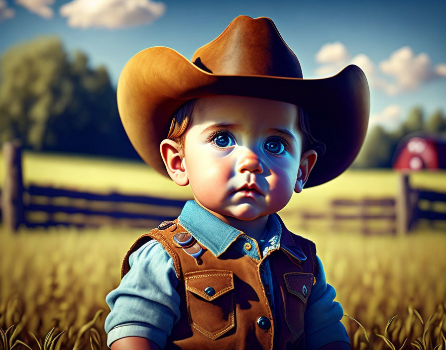 Stylized baby with blue eyes in cowboy attire on rural farm scene