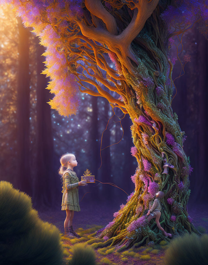 Child in forest with lantern gazes at twisted tree in purple foliage