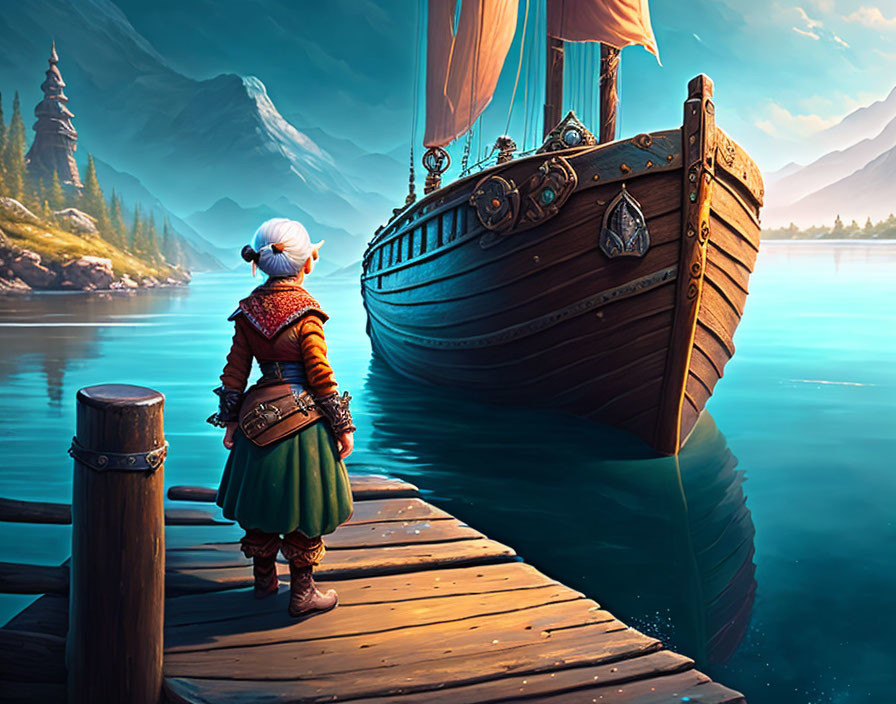 Viking-style character on dock with wooden ship and mountains in background