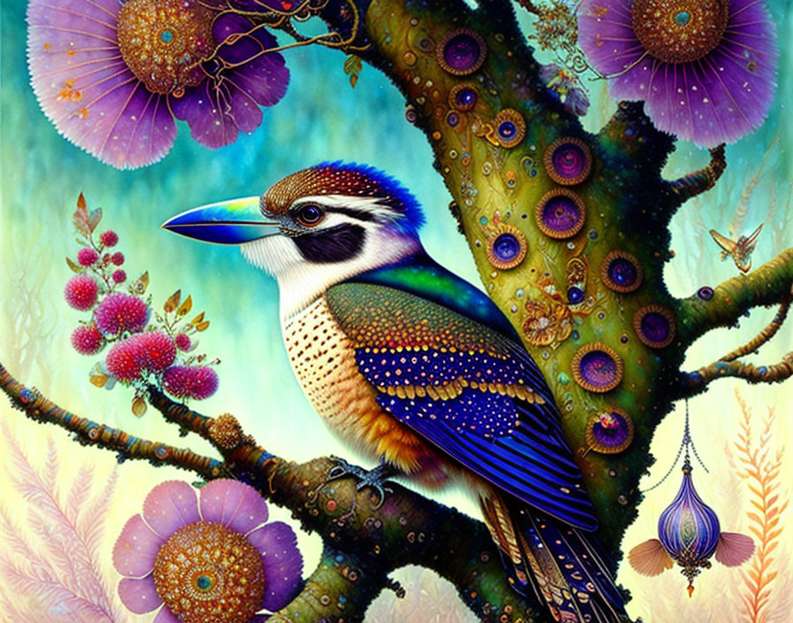 Colorful Bird on Branch in Fantasy Setting with Purple Flowers