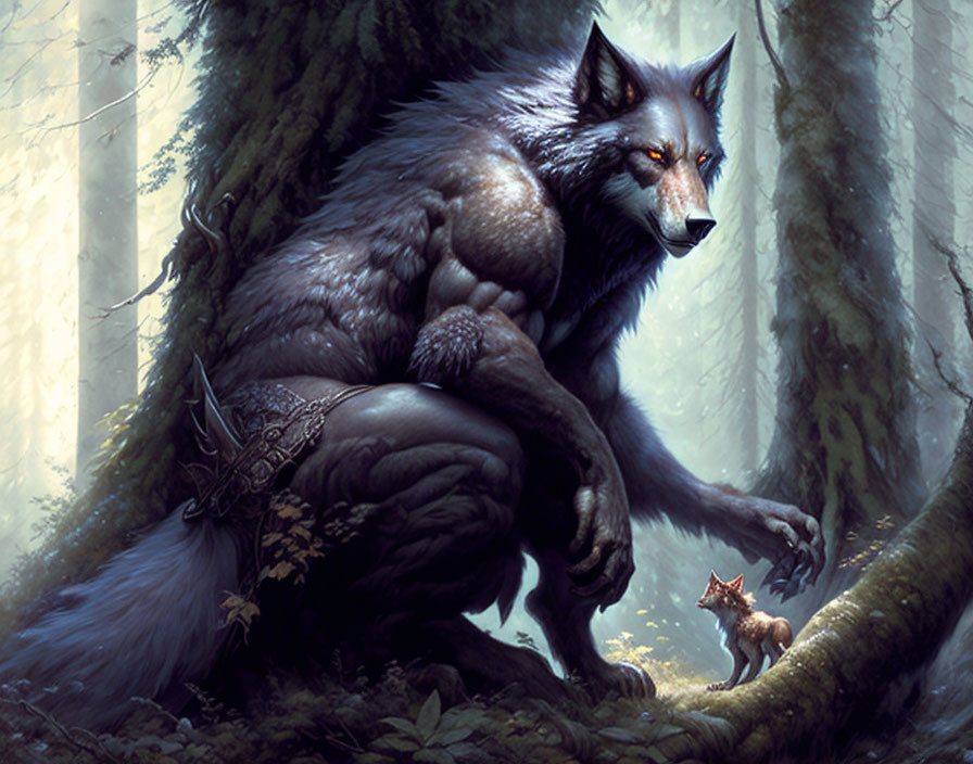 Muscular fantasy wolf with piercing eyes in mystical forest with smaller wolf