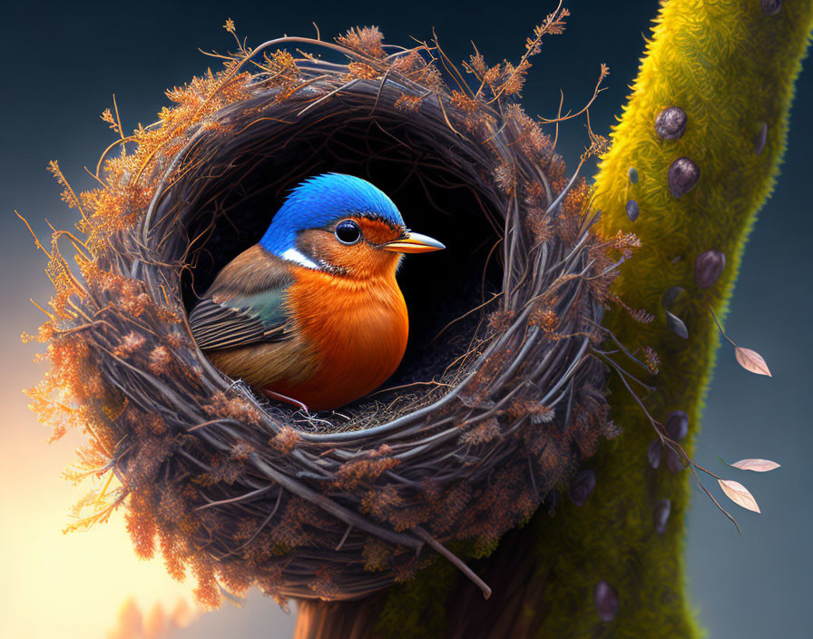 Colorful Bird with Blue Head and Orange Chest in Cozy Nest at Twilight