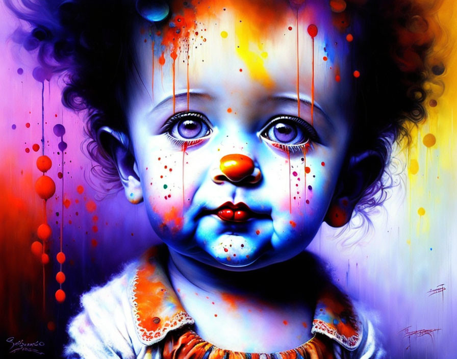 Vibrant child portrait with clown nose in colorful splatter art