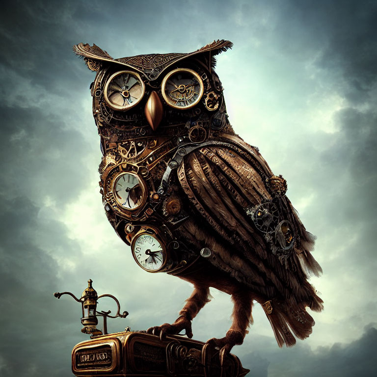 Steampunk owl sculpture with gears, clocks, and mechanical parts on vintage lamp post