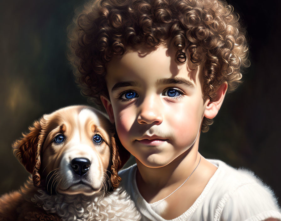 Young child with curly hair and puppy in warm, realistic portrait