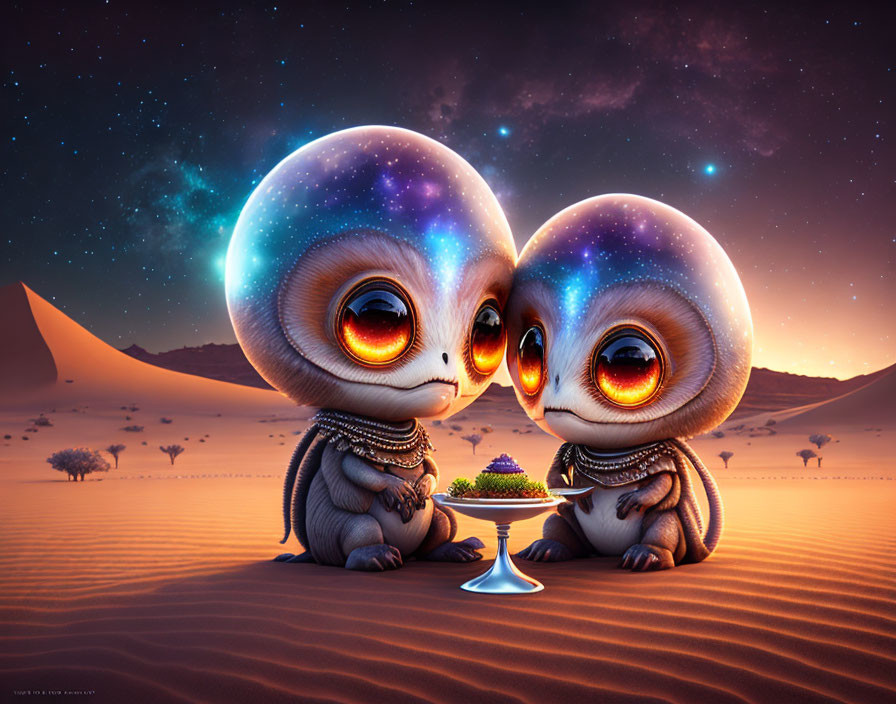 Stylized alien creatures with galaxy eyes touching foreheads over desert plant