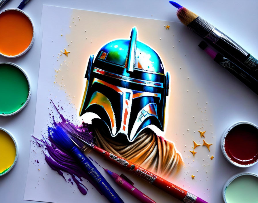 Colorful Watercolor Helmet Illustration on Canvas with Paint Containers