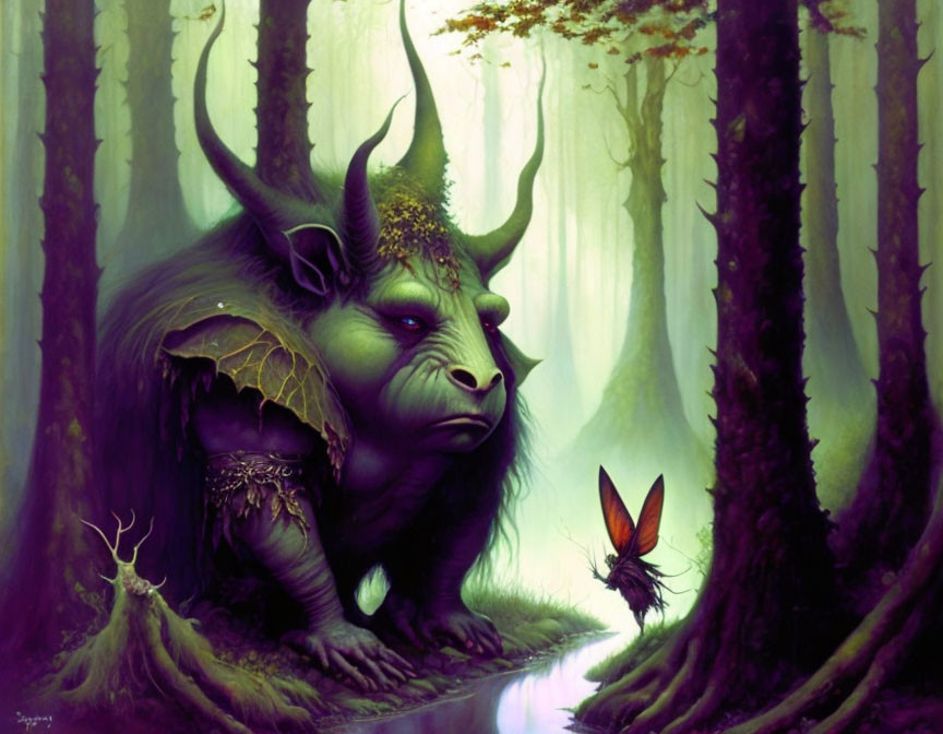 Mystical forest scene with buffalo-dragon creature and fairy