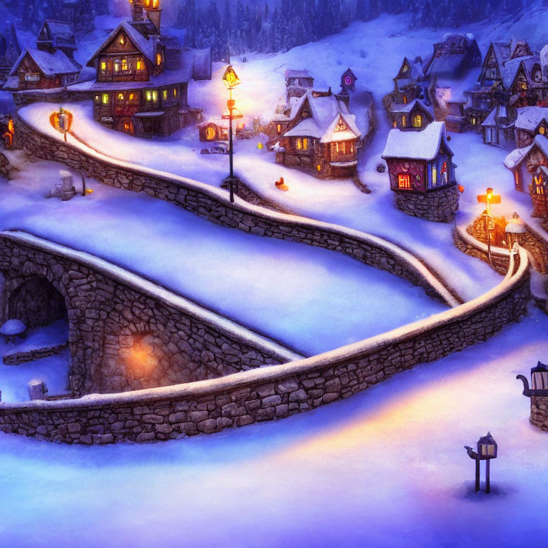 Snow-covered rooftops in twilight winter village landscape