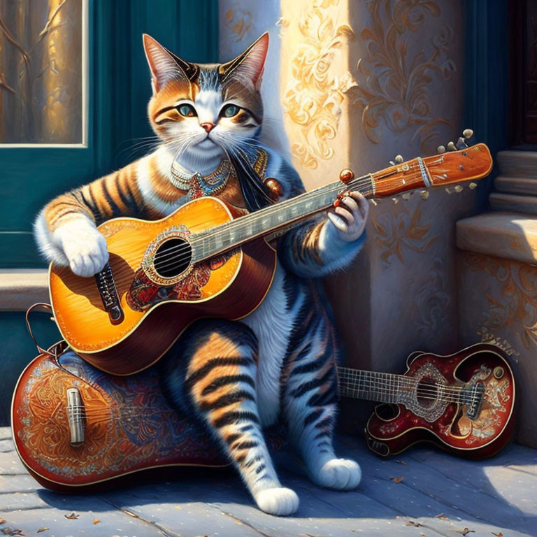 Orange Tabby Cat Playing Acoustic Guitar by Doorway