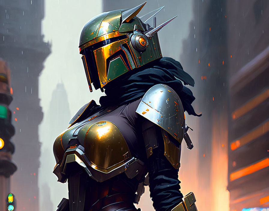 Futuristic armor-clad figure in green and gold helmet in urban setting with neon lights and rain