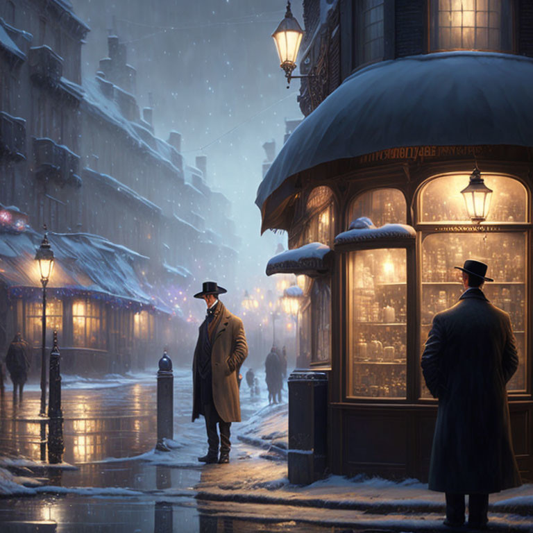 Vintage-attired couple on snowy, lamp-lit street at night