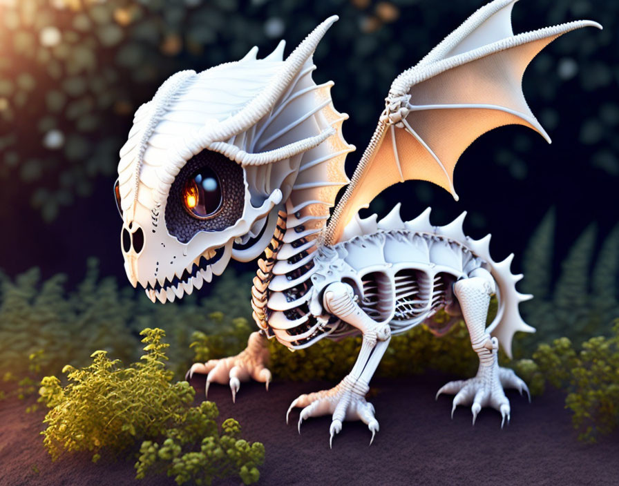 Fantastical dragon with skeletal structure and bone design in dark, plant-filled setting