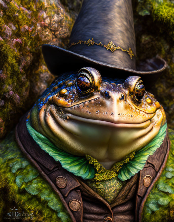 Detailed Illustration of Stylish Frog in Witch's Hat and Coat