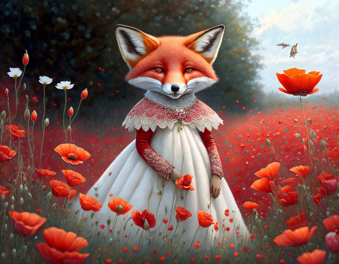 Fox in white dress surrounded by butterflies in poppy field