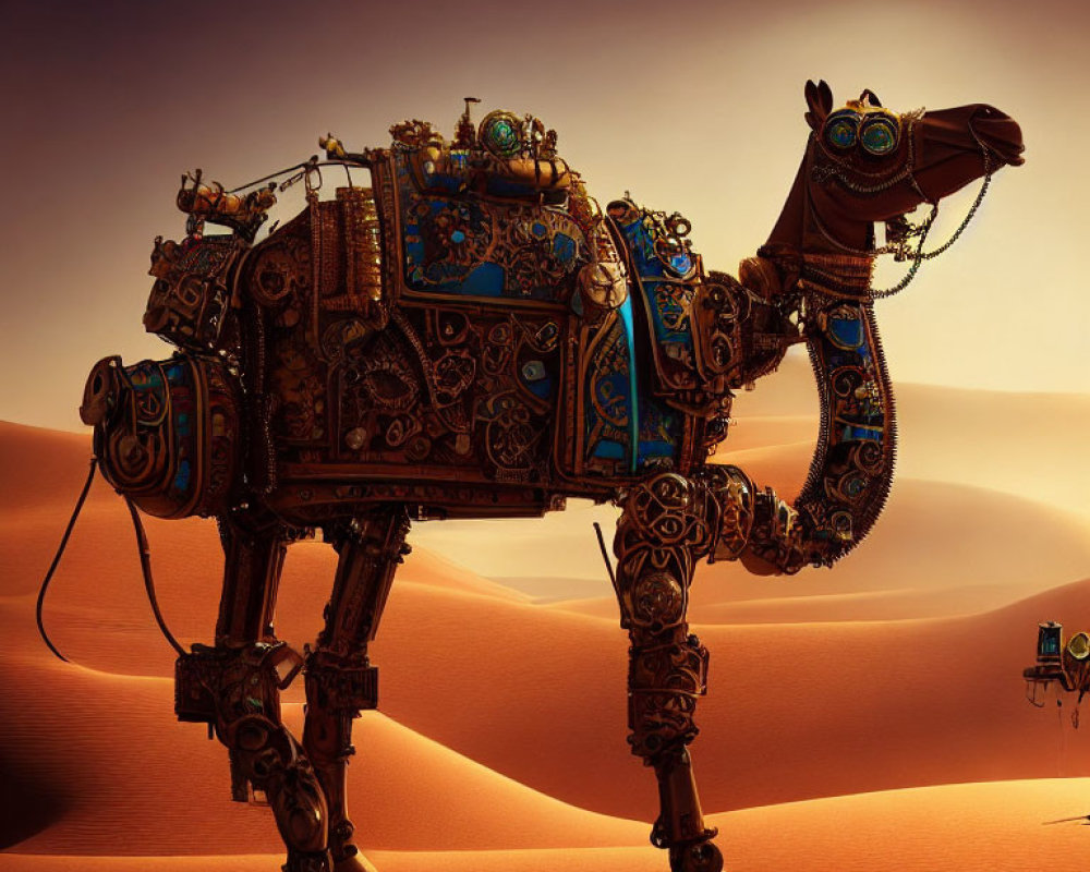 Intricately designed mechanical camel crossing desert landscape