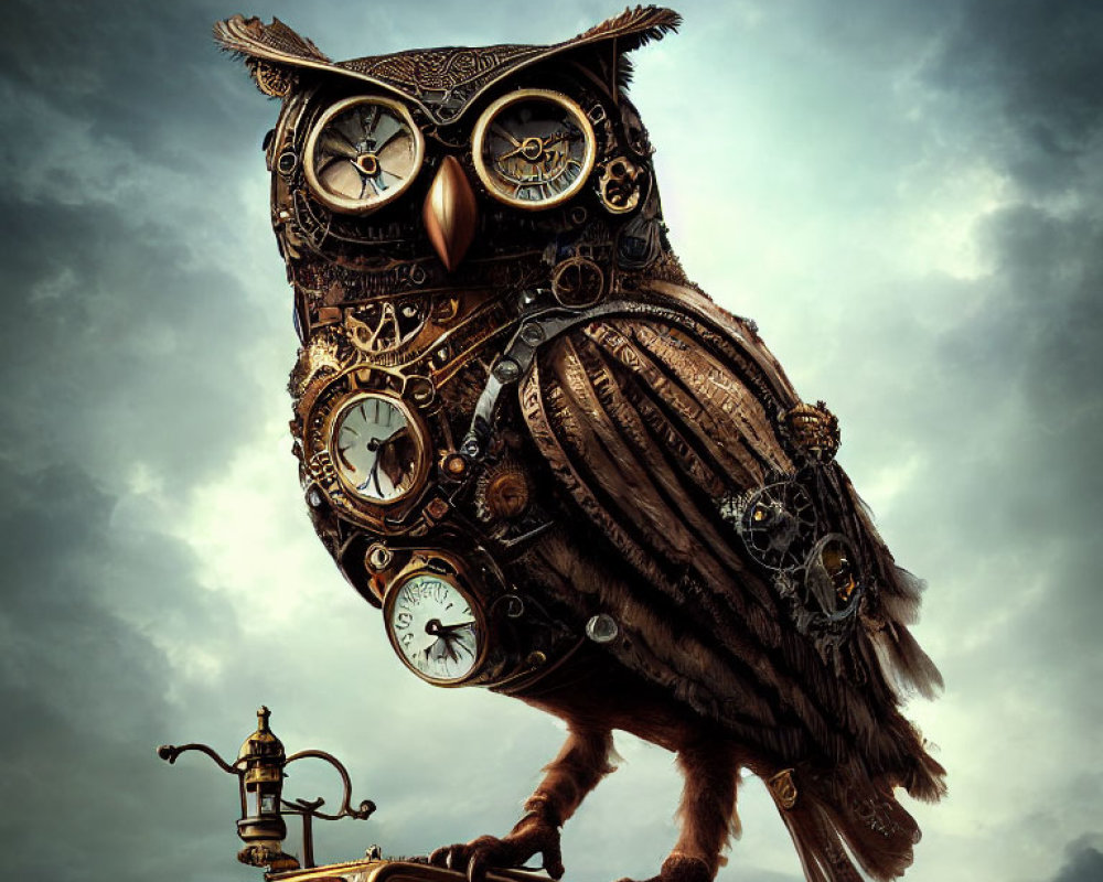 Steampunk owl sculpture with gears, clocks, and mechanical parts on vintage lamp post