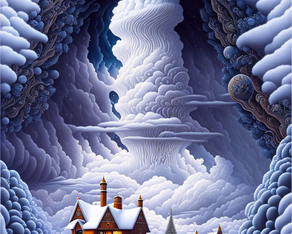 Surreal snowy cliff landscape with cozy house and distant planet