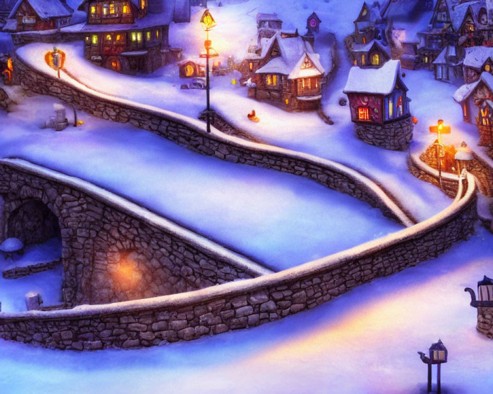 Snow-covered rooftops in twilight winter village landscape