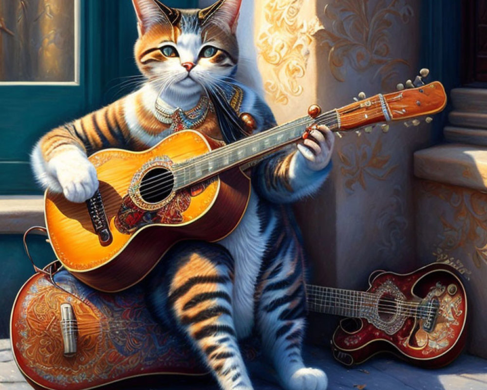 Orange Tabby Cat Playing Acoustic Guitar by Doorway