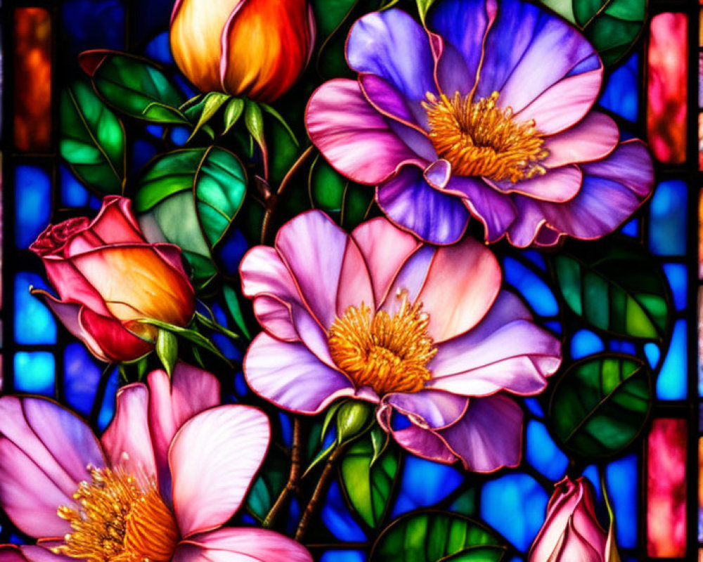 Colorful Flower Stained Glass Window on Rich Blue Background