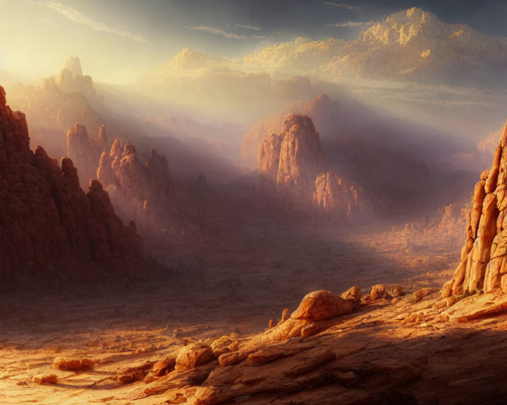 Desert landscape with rocky formations at sunset