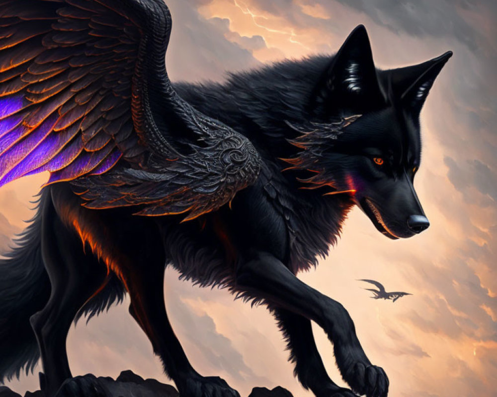 Majestic black winged wolf on rocky terrain under dramatic sky