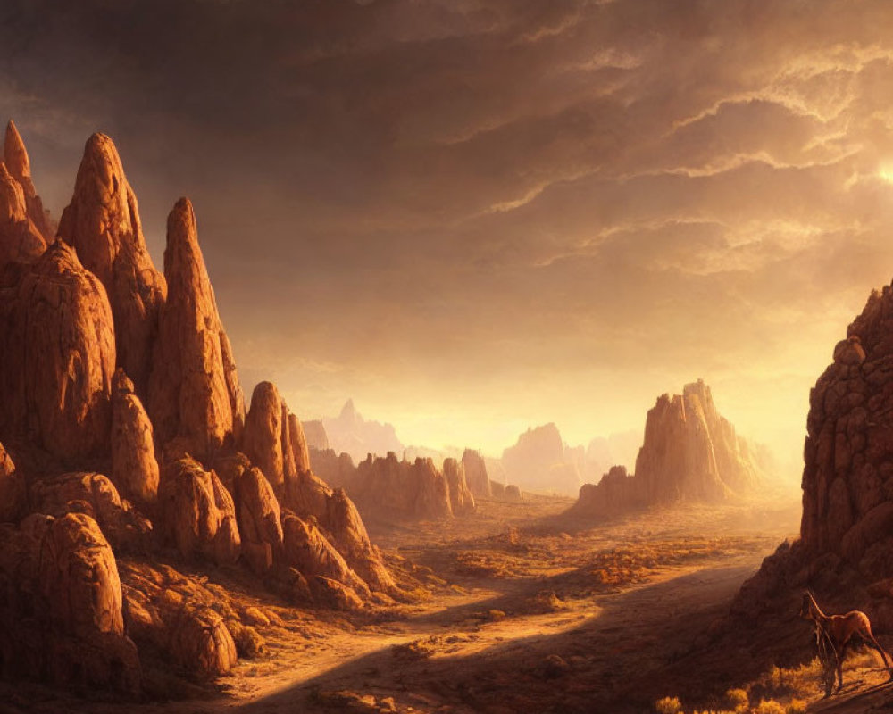 Desert landscape at sunset with rocky formations and lone horse in arid terrain