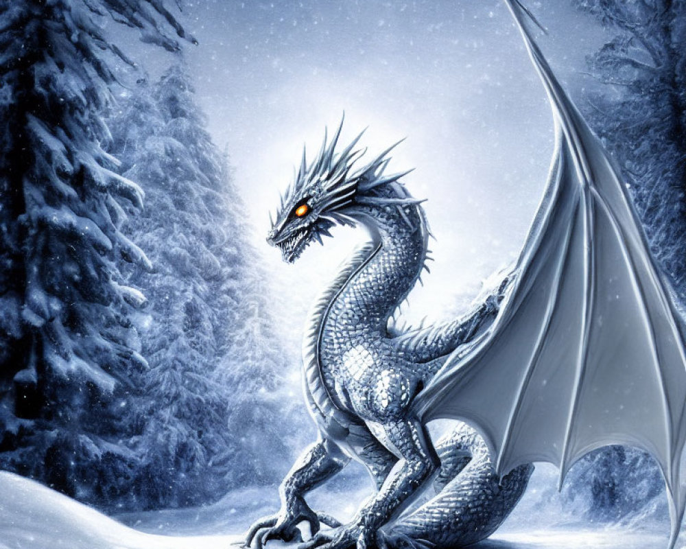 Silver dragon with glowing orange eyes in snowy forest at night