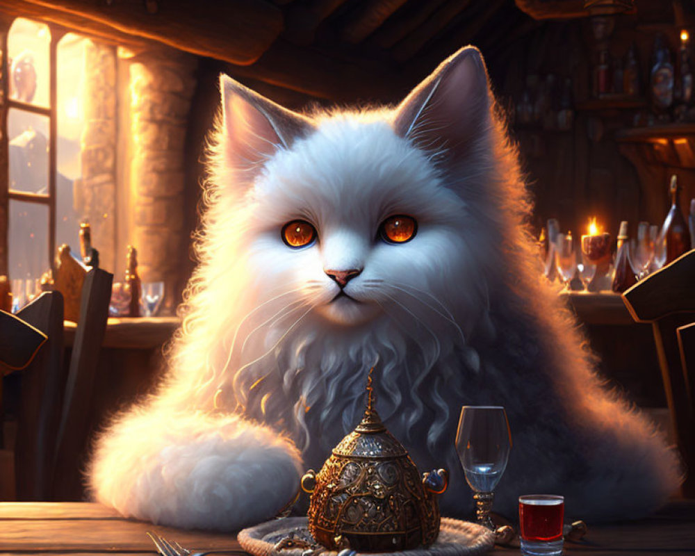 Fluffy white cat with glowing eyes at wooden table with candles, goblet, and ornate container