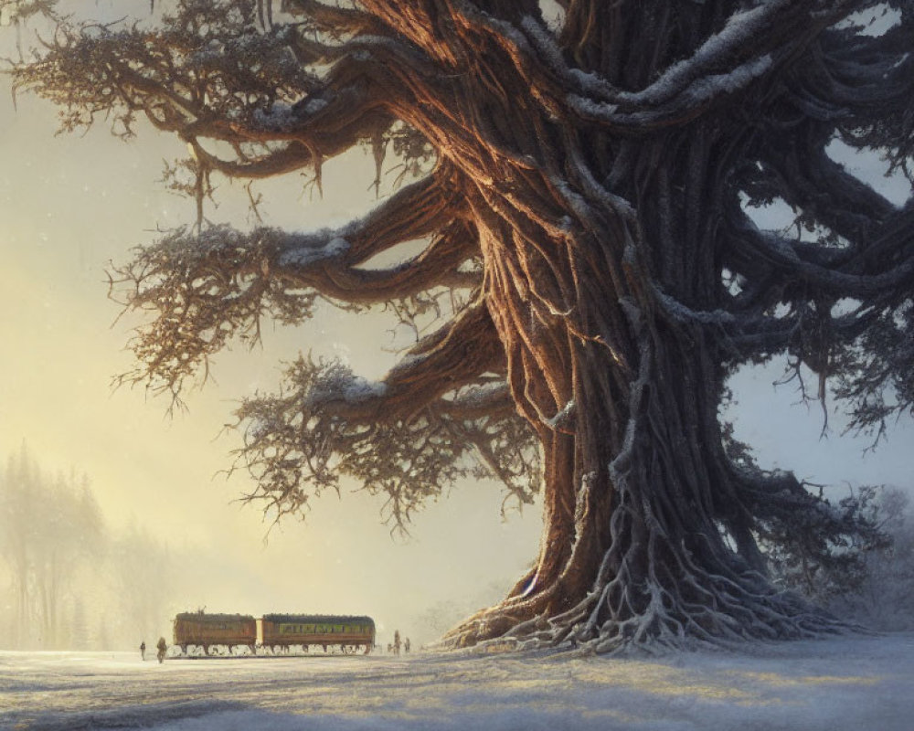 Snowy landscape with majestic tree and passing train at dusk