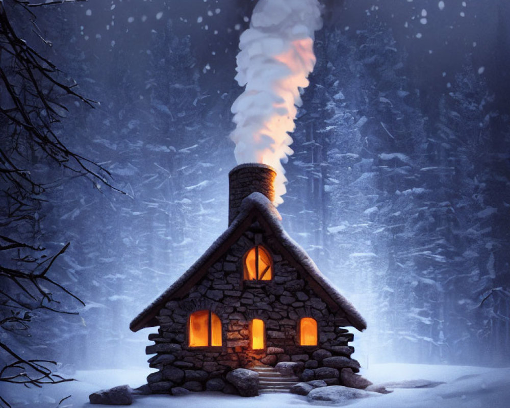 Stone cabin with warm light and chimney smoke in snowy forest at twilight