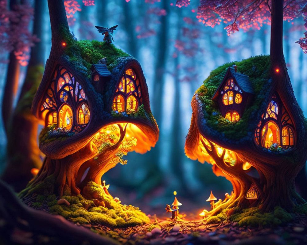 Enchanting forest scene with whimsical glowing treehouses