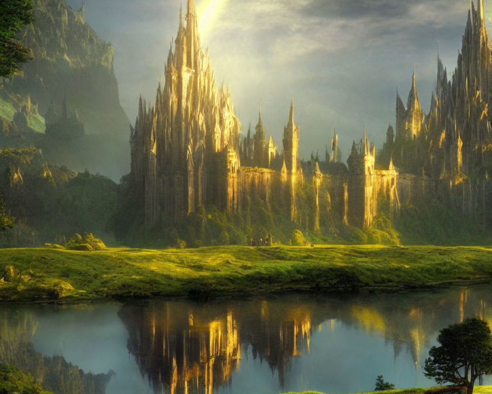 Sunlit castle reflected in tranquil lake amidst verdant terrain & rugged peaks